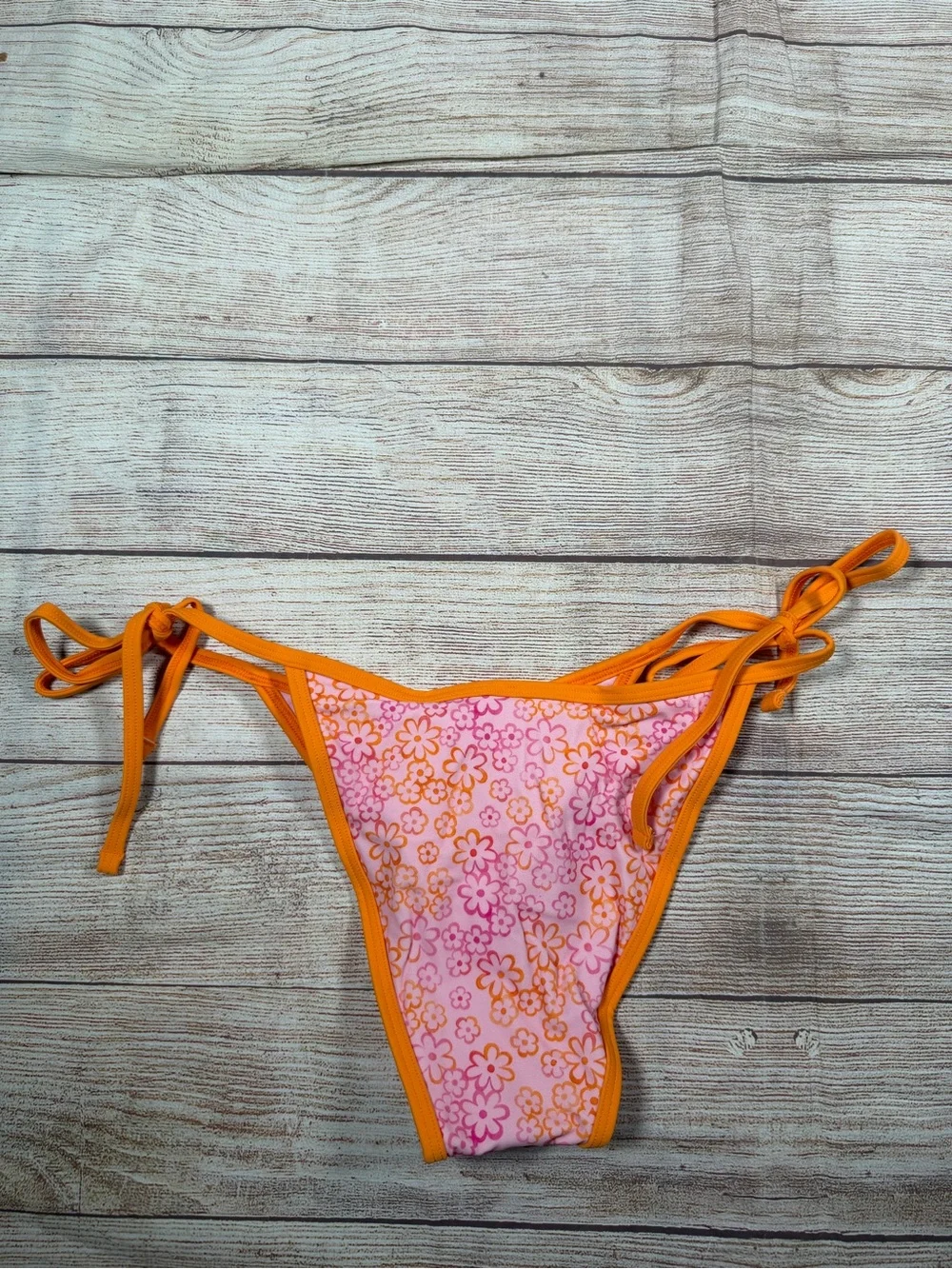 Frankie's Bikinis Pink Floral & Orange Trim Tie-Side Cheeky Bikini Bottom